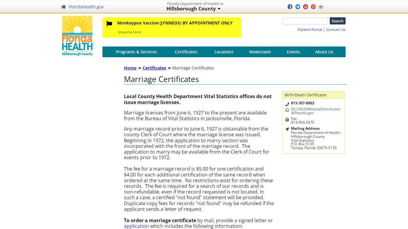 Marriage Certificates | Florida Department of Health in Hillsborough